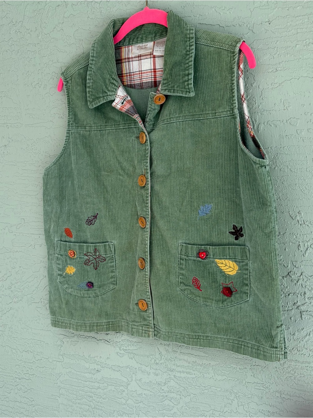Embroidered Green Corduroy Vest Jacket - Womens Fall